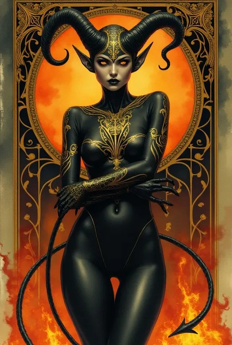 An art nouveau style watercolor image of a slender demon girl with a bald head and black scaly skin. Golden pattern on her skin. Back latex outfit. Golden eyes. Hugging herself. Mesmerizing look. Looking directly at the viewer. Ornamental inferno backgroun...