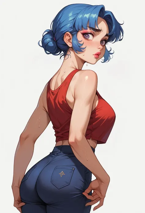 A sweaty and nervous fit woman with purple eye shadow, rosy cheeks, lipstick lips, prominent eyebrows, good breasts, short blue coloured hair flowing from the sides and a bun at the back, wears red tank top crop and dark blue tight pants with back pocket, ...