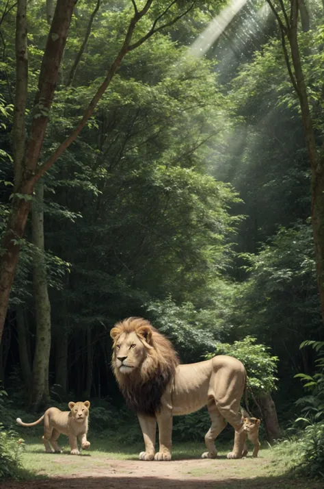 A hyper-realistic image of a cute mini lion and its adorable family in a lush, vibrant green forest. The mini lion, with its golden fur and bright eyes, displays a curious expression as it explores its surroundings. Beside it, its family—a playful little c...