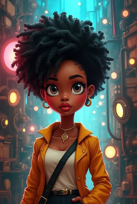 Cartoon steampunk black girl with 4c short hair