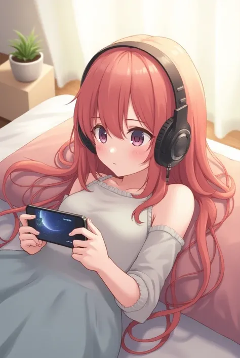 2d yeang girl with red brown-red long straight hair playing video came on her phone laying on her ches with big earpods on her head