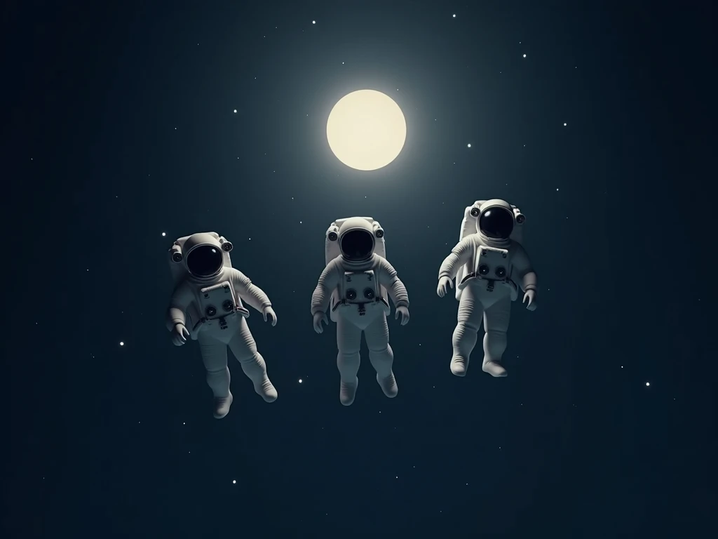  A simple but professional space background that shows three astronauts floating in the vast space.  The starry sky is deep and dark ,  with some stars shining softly . The astronauts ,  with detailed space suits , Full moon in the background,8K . The back...