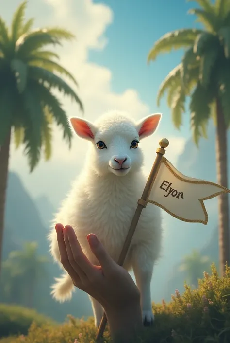  Perfect Lamb of God Above a Giant Hand .  White with crystalline eyes that have power. Which represents height , sovereignty and power .  With an elegant flag waving next to him that bears the name “ELYON”. Surrounded by palms . In a heavenly place  