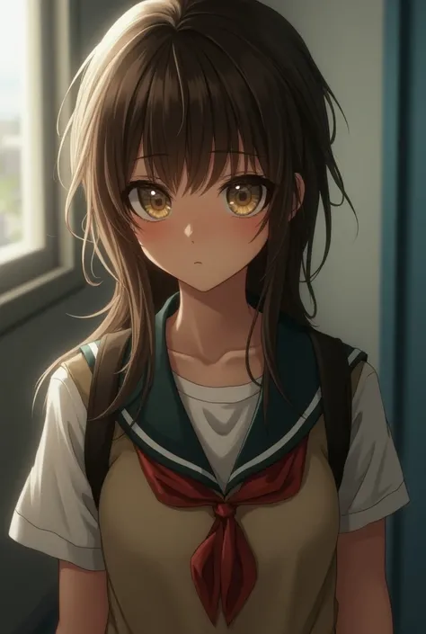 A girl that its  and have a student cloth, a bit tight ones, with a long messy hair on the brown color with hazel eyes