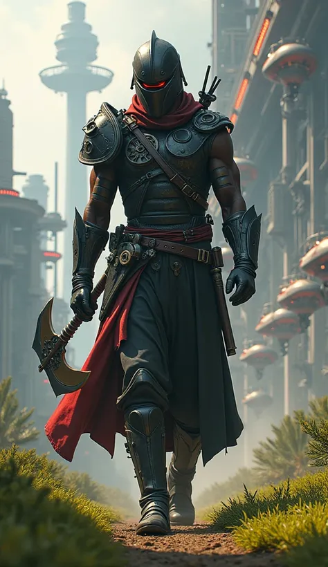 Imagine um Sith viking steampunk uruguaio, his body is tall and muscular with minimalist polished black steel armor, with red and bronze details ,  representing modernity and simplicity .  He has exposed gears on his arms and a cybernetic visor that covers...