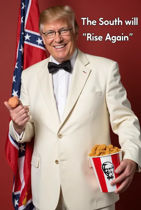 Imagine Donald Trump in a white suit with a black bow tie, complete with Colonel Sanders signature glasses and facial hair. He’s holding a Dixie flag in one hand and a bucket of fried chicken in the other, with a big smile on his face. The phrase "The Sout...