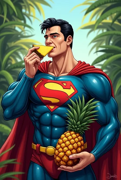 Super man eating a pineapple slice and holding a whole pineapple in his other hand