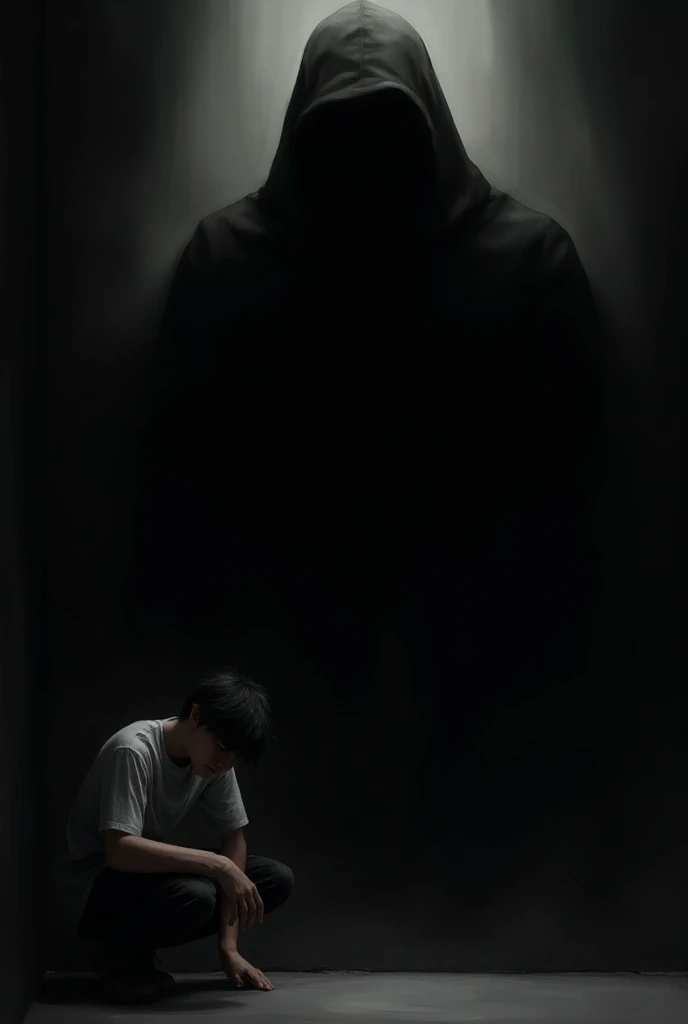 A sad teenage man in a corner and that the background is black and that a gigantic shadow of a gorobed monster can be seen