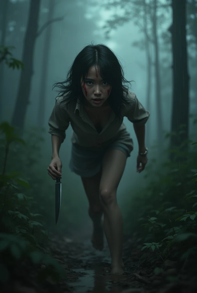 A realistic, adult Korean woman with slightly greenish brown eyes, wavy brown hair, on a foggy, rainy forest trail. Shes wearing a black dress, looking like hes running away from someone, holding a knife, and has blood spattered on her face. She also has b...