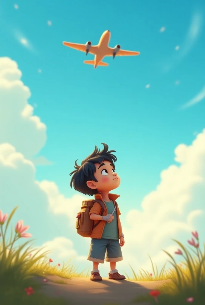 **आसमान की ओर देखता हुआ चिंटू:**  
    "Chintu gazing up at the sky, envisioning himself as a pilot flying high in an airplane, filled with determination."