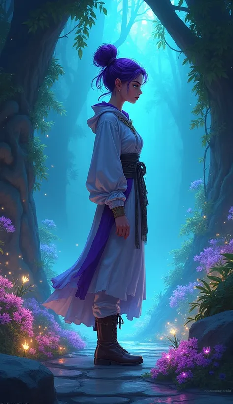 A female halfling Asian cleric with purple tied up hair ,wearing a long sleeve robe like dress and pants with boots ,standing in a bioluminescent nature altar  background, cleric aesthetic, dynamic lighting, full-length,dnd character art, graphic novel art...