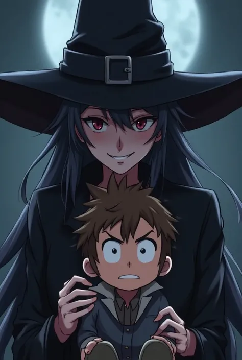 Make a mature anime witch smirking proud after she turned a man into a plushie doll of himself, the doll have a scared expression