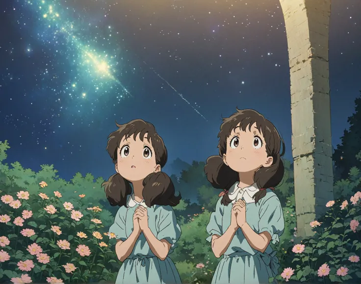 ANIME IMAGE IN STUDIO GHIBLI STYLE, IMAGE OF A GIRL IN A BEAUTIFUL GARDEN, THE GIRL IS PRAYING; THE GIRL LOOKS UP; the sky is full of stars