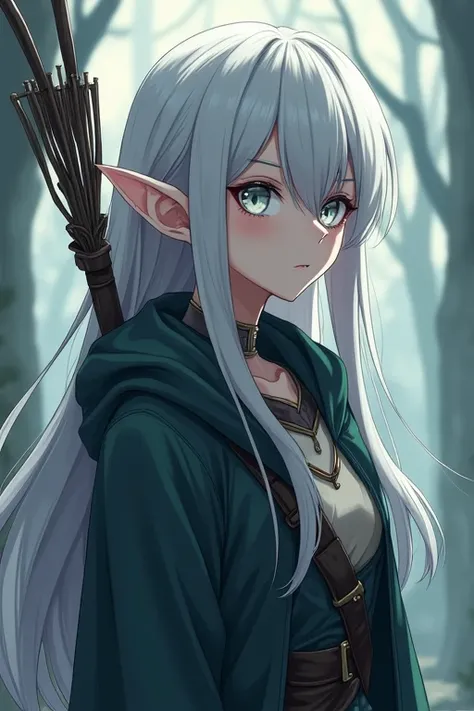 Generate me: an anime introverted elf girl, an anime girl with white eyes (tired dead-fish eyes-like), long grey hair, pale skin, and a flat chest. Her occupation is a ranger in a witch-cult. Her personality is chaotic evil. She has a long bow on her back....