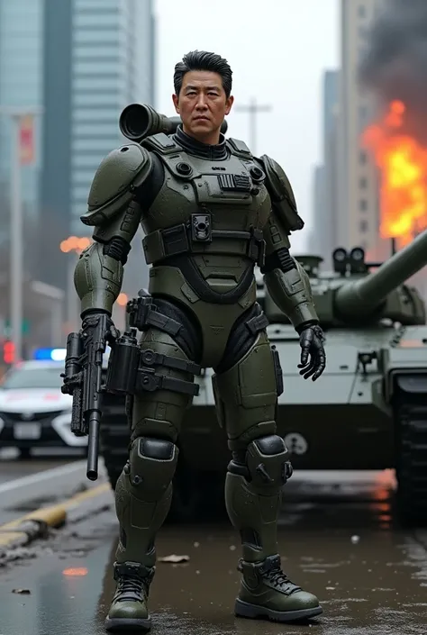 Shinzo Abe、Prime Minister、Abe Shinzo 、male、Mid-sixties、 action figure 、 advanced futuristic armored equipment 、Machine guns and side arms 、 standing beside an armored tank、Glass Building、Burning building、Police car、Rain Background