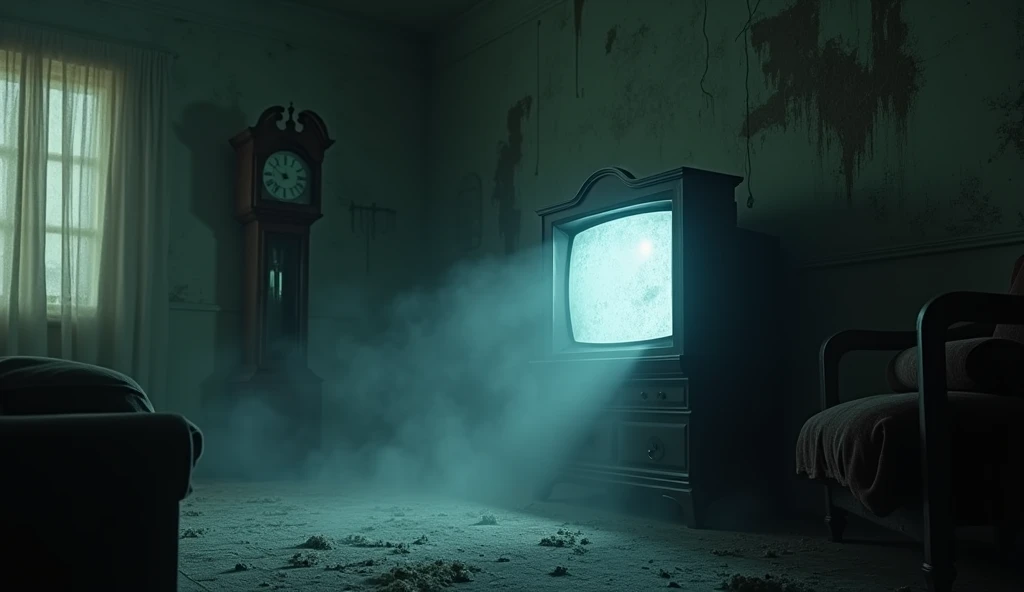 A chilling and atmospheric scene inspired by The Ring. Picture a dimly lit, decrepit living room with peeling wallpaper and flickering lights casting eerie shadows. In the center of the room, an old, static-filled television emits a ghostly glow, its scree...