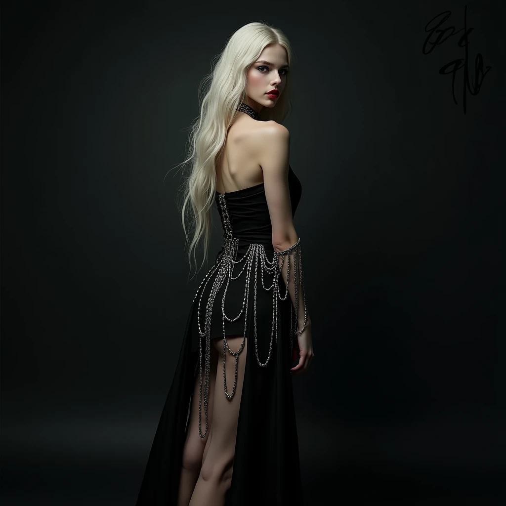  a woman with long white hair ,  in a medieval black dress that exposes her legs and hides her back only,  hundreds of metallic chains hanging all over her dress . Dark background that highlights .