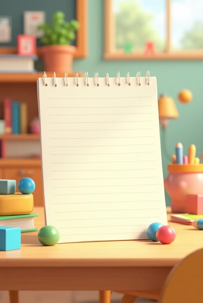 Create a notebook paper the image has to be in the school environment with various toys such as cubes and colored balls around in Disney Pixer-style candy colors in high definition 