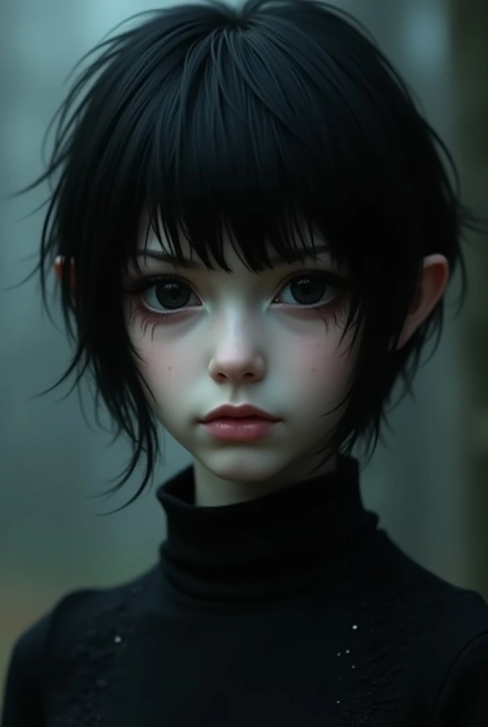 Short haired black pixie girl with shiny black eyes 