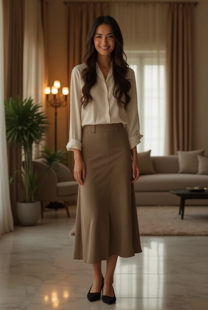 Ultra-super-realistic full-length photo. High detail. 32k. Front view from afar. Cheerful woman in a quiet luxury style with a very beautiful smile and a Monica Bellucci figure in mules. Very beautiful big perfect ass. She is wearing a midi skirt and a lon...