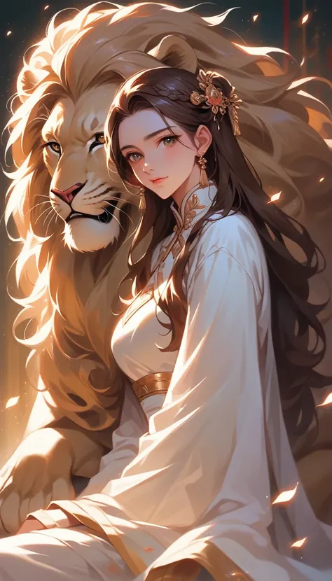 A woman with long brown hair and a white dress is sitting gracefully beside a majestic white lion, their eyes filled with wisdom and connection. The scene exudes a sense of awe-inspiring tranquility, capturing the essence of a harmonious coexistence betwee...