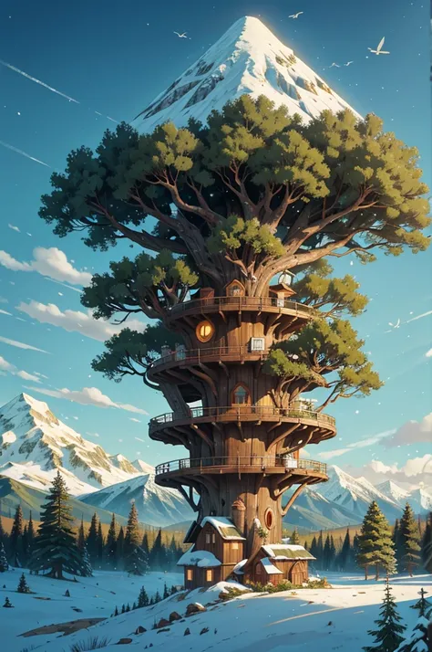  A vast green plain of rolling hills  .  with snow-capped mountains in the distance .  A huge tree stands on the plain .   An archeofutural farm is built with many buildings along its roots and a magical treehouse inside the tree, solar panels, Renewable E...