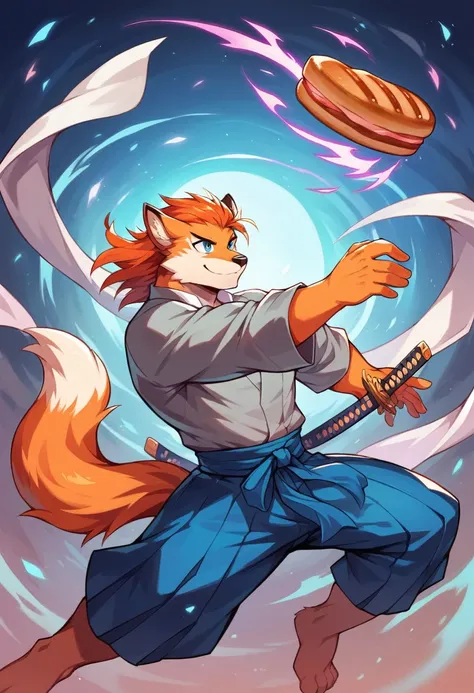 ((best quality)) ((masterpiece)), perfect hand, portrait, blue eyes, floating, magic, katana, sorcerer, muscular ginger fox, bread, smile, anthro, kawai, high detail, vibrant, fantasy asian city, blue hakama, grey kimono, male, 8k