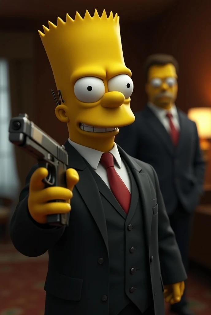 Bart Simpson millionaire with gun in his hand and with bodyguard realistic image
