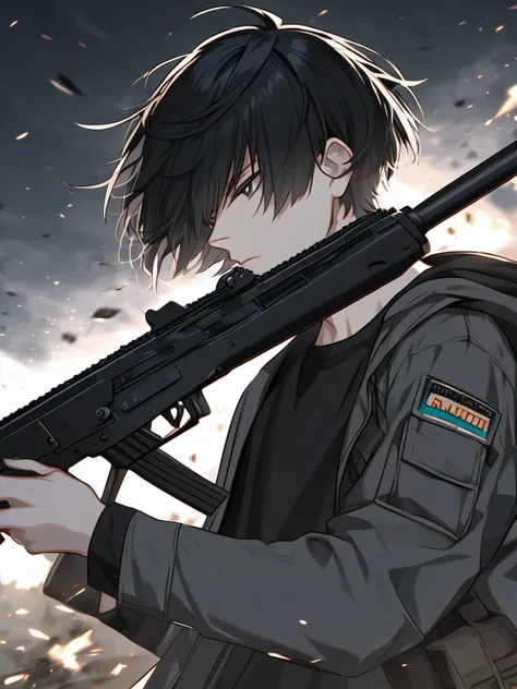 One Man, Young man,Adult male,男らShii,Fair skin,Black Hair,Rin々Shii, Handsome Man , is cool,gray outerwear , jacket,Beautiful black shirt ,Short Hair,bangs,cool,Expressionless,special eye ,battlefield,A boy holding a highly detailed automatic rifle, a highl...