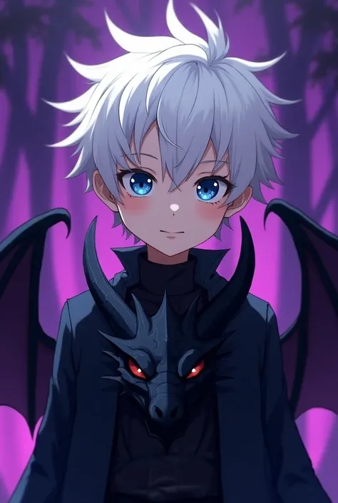 Boy with white hair and blue eyes is smiling and is also wearing a black coat with the head of a dragon and he has 2 black wings behind him anime style purple background I want YouTube profile photo to appear from the shoulder up