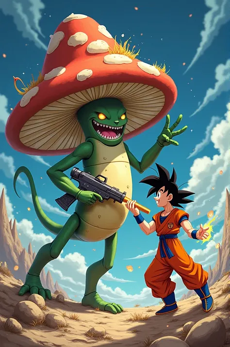 A mushroom with a gun fighting Goku