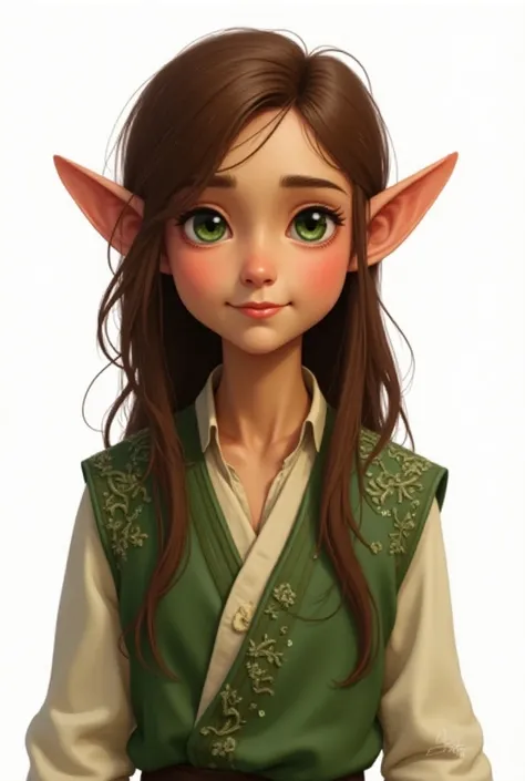 An elf with pointed ears. tall and thin, with tanned skin,  he always seemed humble . His hair was long, of a dark chestnut,  highlighting his simple features . Your eyes, of a dark green,  they transmitted trust ,  as if he were constantly open to helping...