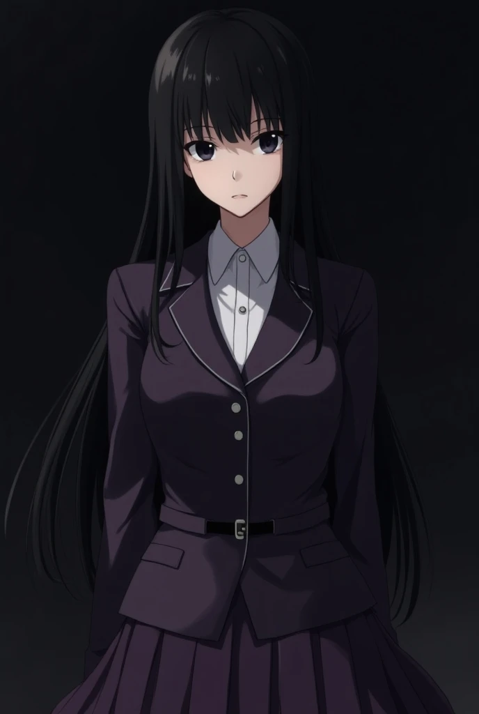  anime girl with black hair and long to the waist ,  with bangs up to the shoulders framing both sides of her face . It is collected in a fallen ponytail .  has dark and shiny black eyes and has a serious expression .  She wears a feminine outfit in purple...