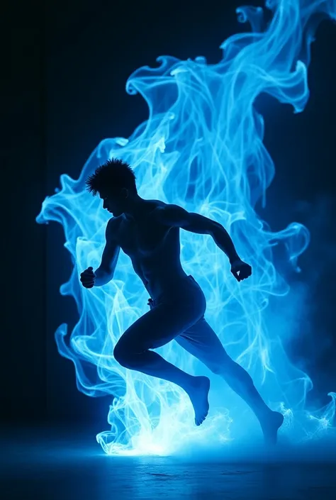  Transparent Silhouette of a young man with a sports figure woven from tongues of blue and white flames. The flame is blowing in the wind . A young man dances a swift dance in a dark hall , rushes forward .