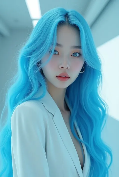 Make me a K-pop idol light blue long hair 