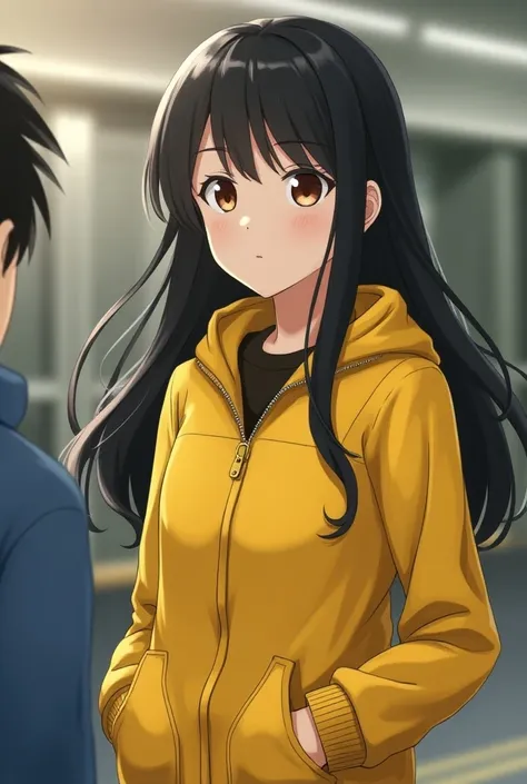 A girl, yellow jacket, hands in pockets, staring at another person, long black hair, heterochromic eyes, heterochromic eyes, heterochromic pupils, 8k resolution, very detailed, anatomically correct, digital painting, concept art, Makoto Shinkai style, clea...