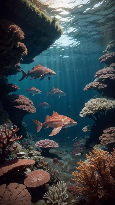 Giant red squid swimming in the deep sea with abundant marine fauna and flora and a sunken caravel in the distance