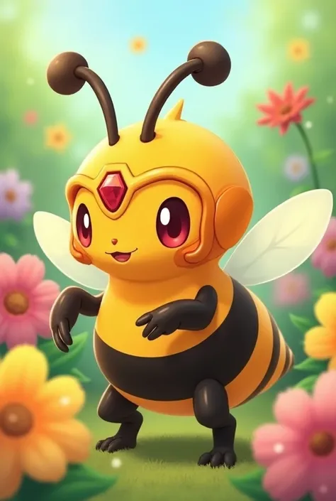  Honweisel is Shown in the middle of a blooming garden ,  surrounded by colorful flowers and buzzing bees .  It has a friendly expression and sucks nectar from a flower .  The colors are lively and radiate a cheerful atmosphere .  Honweisel is a bee-like P...