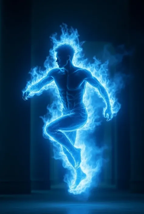  In a dark hall, a transparent silhouette of a young man with a sporty figure woven from tongues of blue and white flames. The flame is blowing in the wind . A young man flies fast dancing .