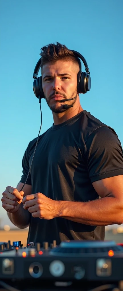  me posing as a DJ,  looking forward ,  with my hands on my headphones, Black jersey ,  sunny day ,  clear blue sky , ultra realistic, photo real
