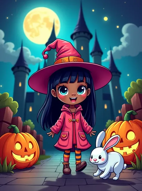 ((ultra-detailed)), (fish eye lens:1,5), toonish, comics style, vivid colours, colorful, cute, jack o lantern, young woman, cute witch costume, long straight hair with bangs, black skin, (((view from below))), fantasy medieval castle, Halloween decorations...