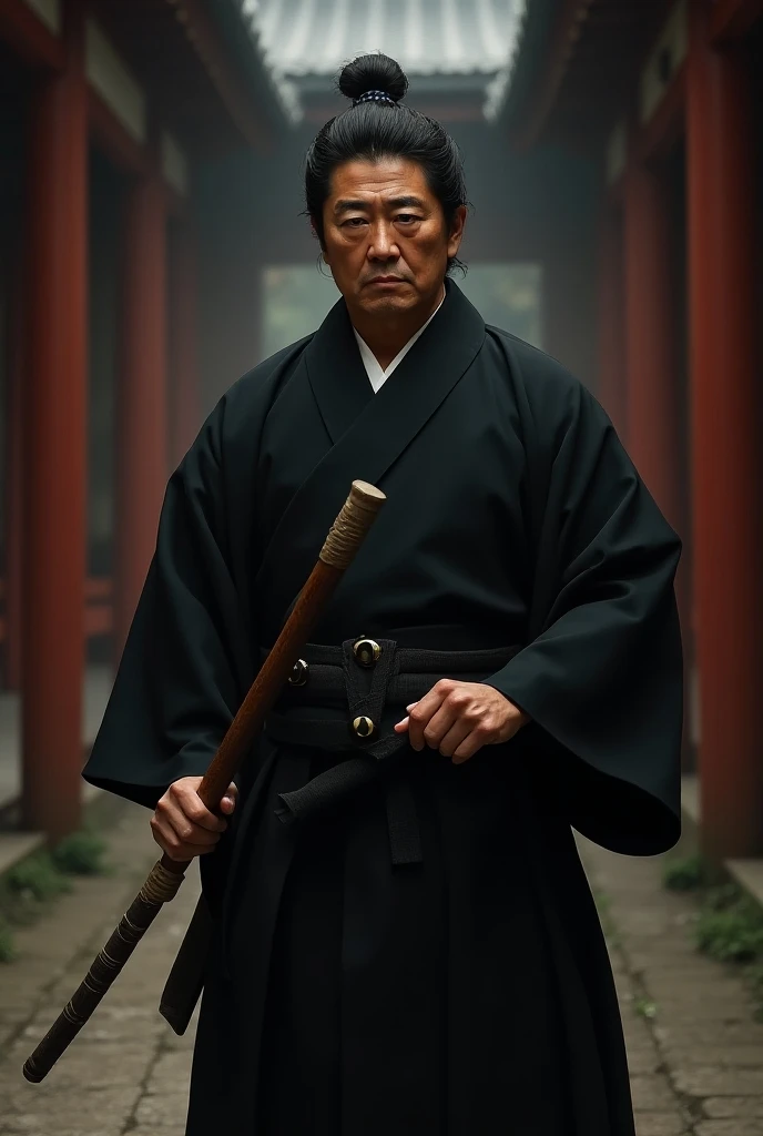 Shinzo Abe、Prime Minister、 a man in a black robe with a wooden stick、Miyamoto Musashi、As a samurai 、Japanese Samurai、 inspired by Kano Shosen-in Temple 、 inspired by Akifun Tensho 