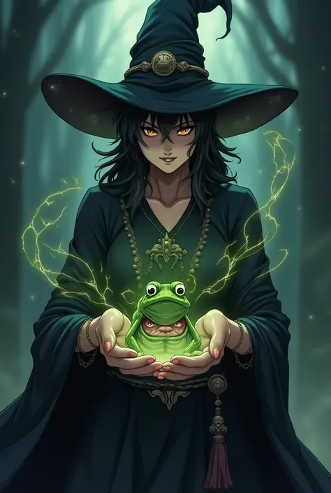 Make a mature anime witch smirking proud after she turned a man into a small frog, she is holding the transformed man into her hands as he have a scared expression as a frog