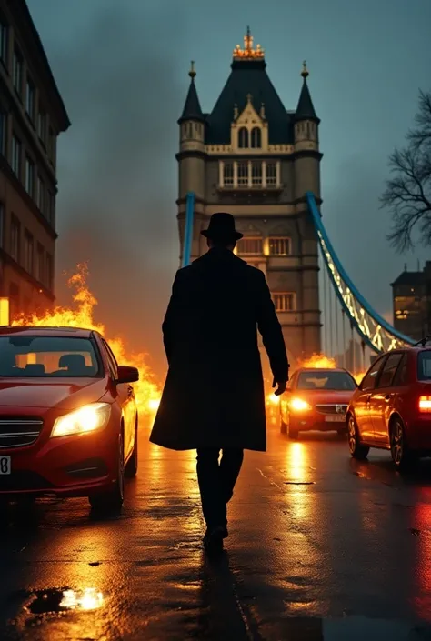 Crée moi une affiche avec le Tower bridge, des voitures en feu, un homme en costume noir de dos.