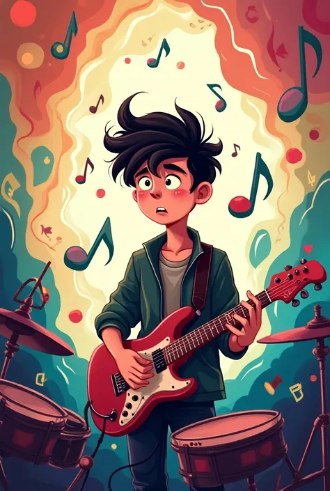  teenager (man) making music, in cartoon.
