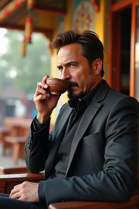 Create the hyper-realistic video of the tony stark is sitting in the Indian village tea stall and drinking tea by his left hand 