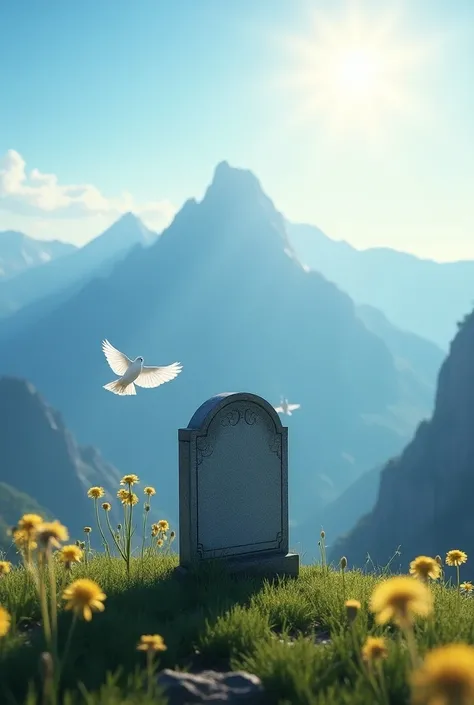 A tombstone on the top of a mountain deep blue sky white doves sun and dandelion blossoms