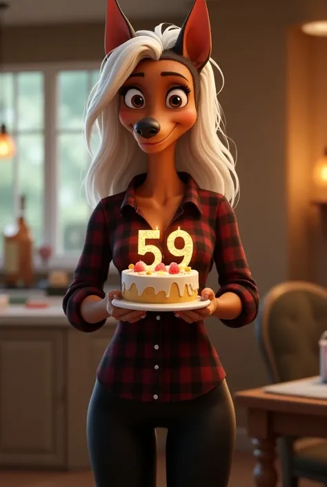 Dog breed doberman light brown humanoid body woman complexion half sharp trunk big legs long white head hair loose cut smiley cut big brown eyes wearing black leggings and long sleeve flannel shirt with black and red plaid,with a birthday cake in her hands...