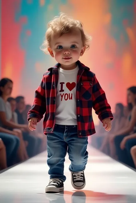  Sturdy and slutty baby walking on a fashion runway wearing a flannel that says I love you, jean and tennis  ,  jeans and sneakers to look cute and beautiful .