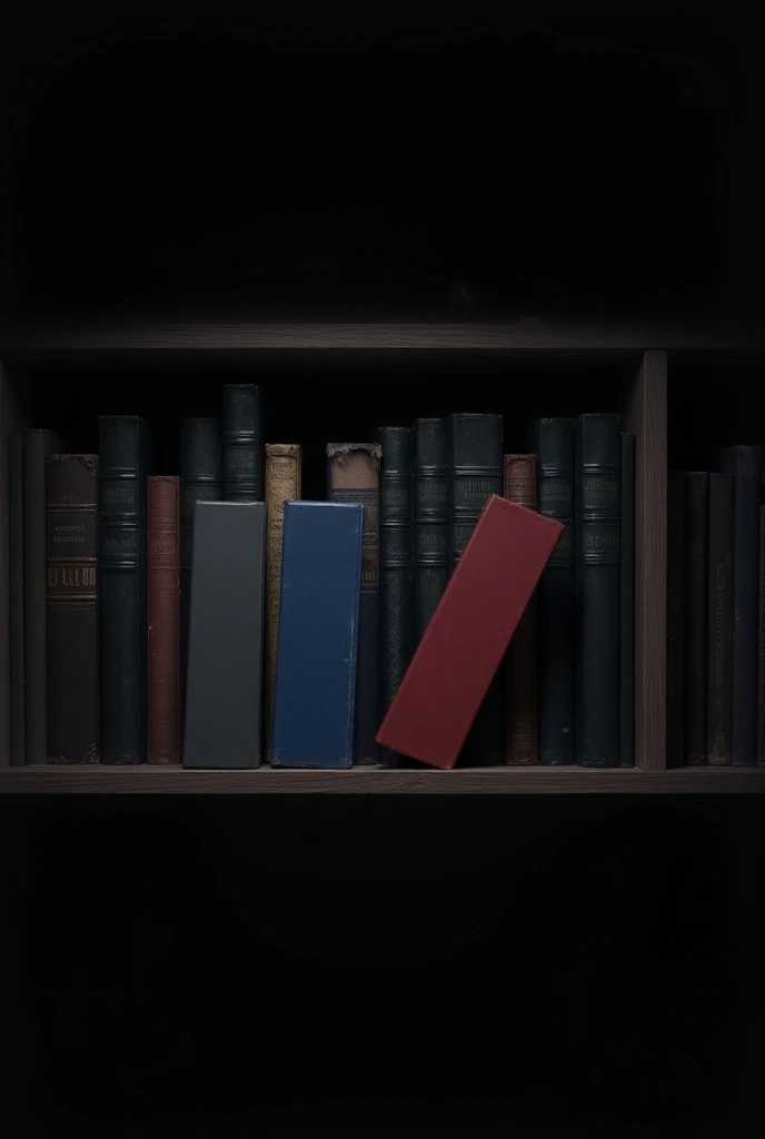 draw like on a dark shelf with a lot of books standing side by side 1 gray 1 blue and 1 red folder